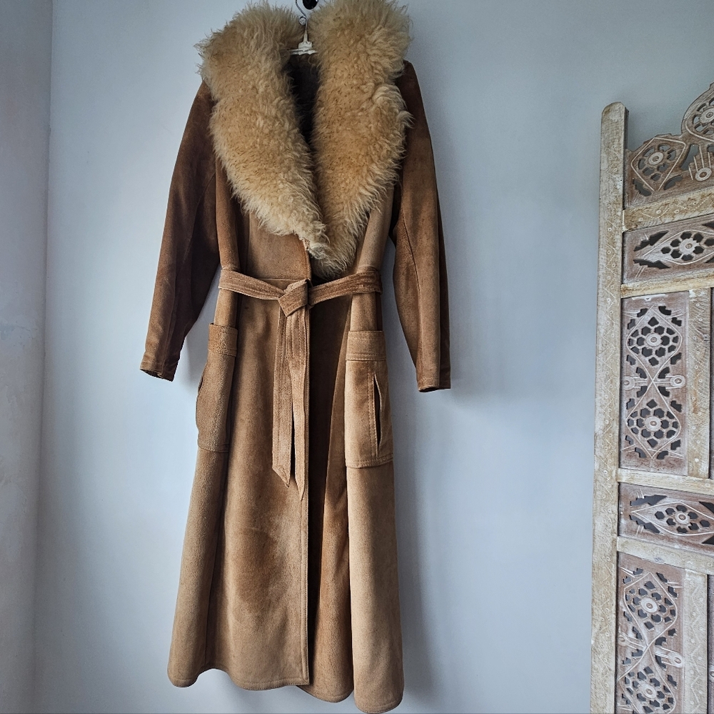 Vintage Genuine Suede Leather Tan Belted Pleated Pockets Pennylane Coat - Picture 2 of 16